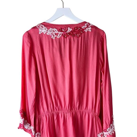Soft Surroundings Coral Beaded Embroidered Tunic Top Cinch Waist Size Small - Picture 8 of 8
